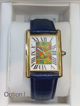 Load and play video in Gallery viewer, Ammolite Watch- Large-Roman Mosaic Rectangle Watch-Navy Blue Leather Strap (Korite)