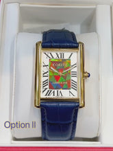 Load and play video in Gallery viewer, Ammolite Watch- Large-Roman Mosaic Rectangle Watch-Navy Blue Leather Strap (Korite)