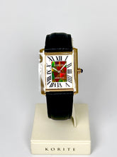 Load image into Gallery viewer, Ammolite Watch- Small- Roman Mosaic Rectangle Watch-Black Leather Strap (Korite)