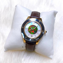 Load image into Gallery viewer, Korite Ammolite Watch- Small-Mosaic Ammolite white Mother of Pearl 36mm Round Watch-Brown Leather Strap