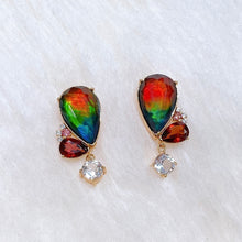 Load image into Gallery viewer, Ammolite Earrings 18k Rose Gold Vermeil ADORE Heart Ammolite earrings with Tourmaline, Garnet and White Topaz