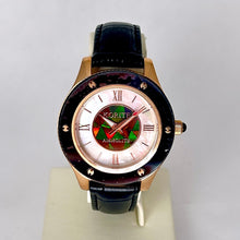 Load image into Gallery viewer, Ammolite Watch- Small-Mosaic Ammolite white Mother of Pearl 36mm Round Watch-Black Leather Strap (Korite)