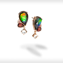 Load image into Gallery viewer, Ammolite Earrings 18k Rose Gold Vermeil ADORE Heart Ammolite earrings with Tourmaline, Garnet and White Topaz