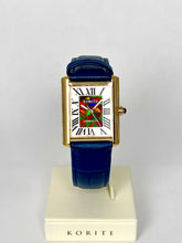 Load image into Gallery viewer, Ammolite Watch- Small- Roman Mosaic Rectangle Watch-Navy Blue Leather Strap (Korite)