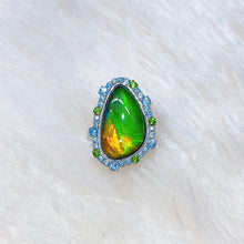 Load image into Gallery viewer, Ammolite Ring Sterling Silver WAVES HALO Ring