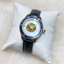 Load image into Gallery viewer, Korite Ammolite Watch- Small-Mosaic Ammolite white Mother of Pearl 36mm Round Watch-Black Leather Strap