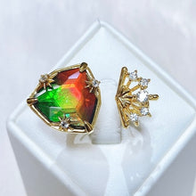 Load image into Gallery viewer, Ammolite Ring 18k Gold Vermeil STARLIGHT Trillion Ammolite Double Ring  with White Topaz