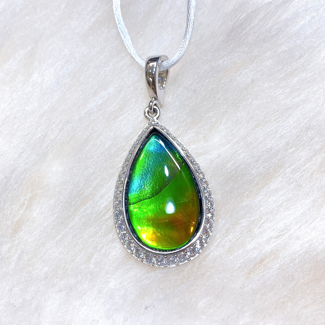 Sterling Silver Teardrop Ammolite Pendant with Swarovski Crystal