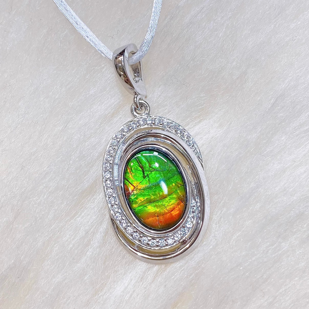 Sterling Silver Oval Ammolite Pendant with Swarovski Crystal