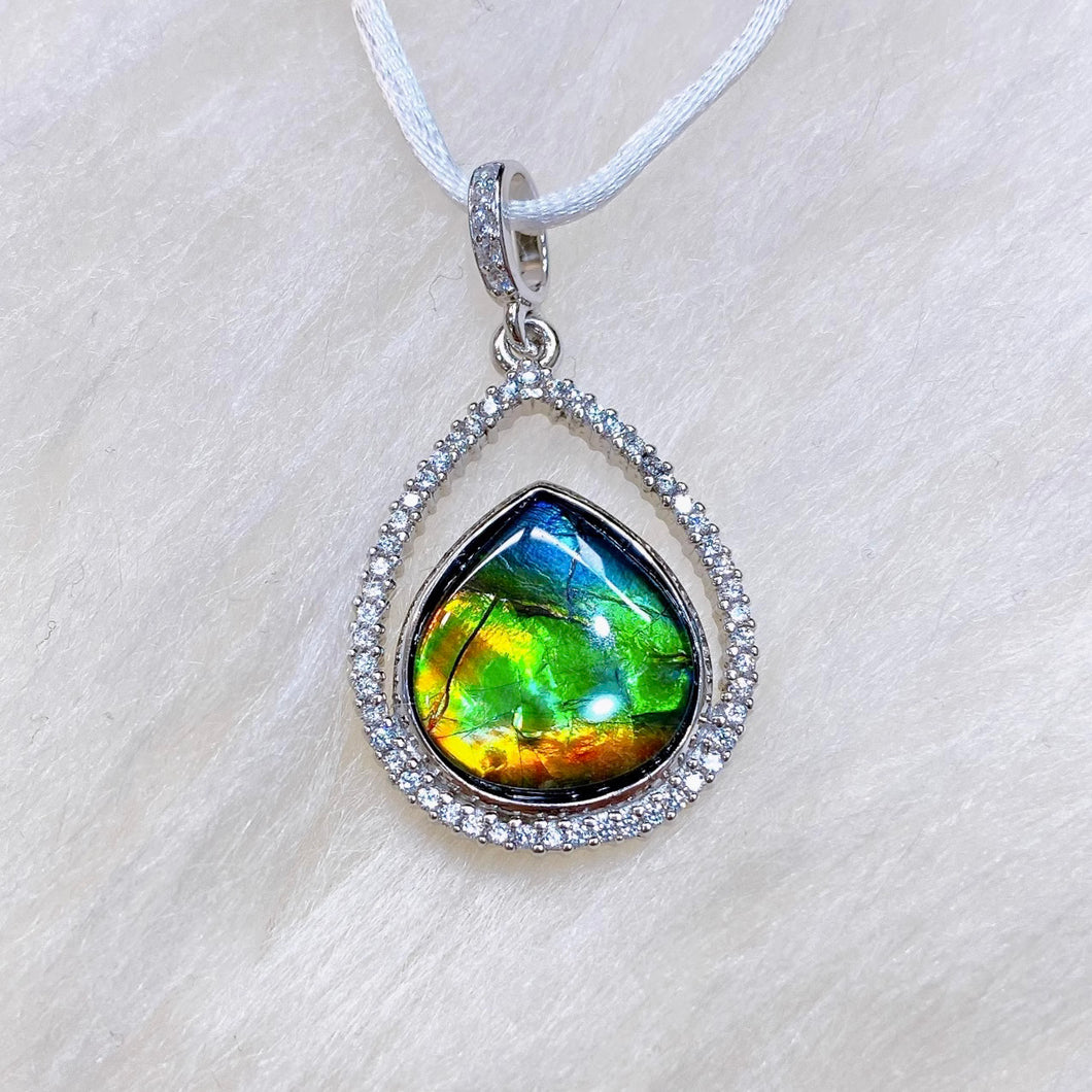 Sterling Silver Teardrop Ammolite Pendant with Swarovski Crystal