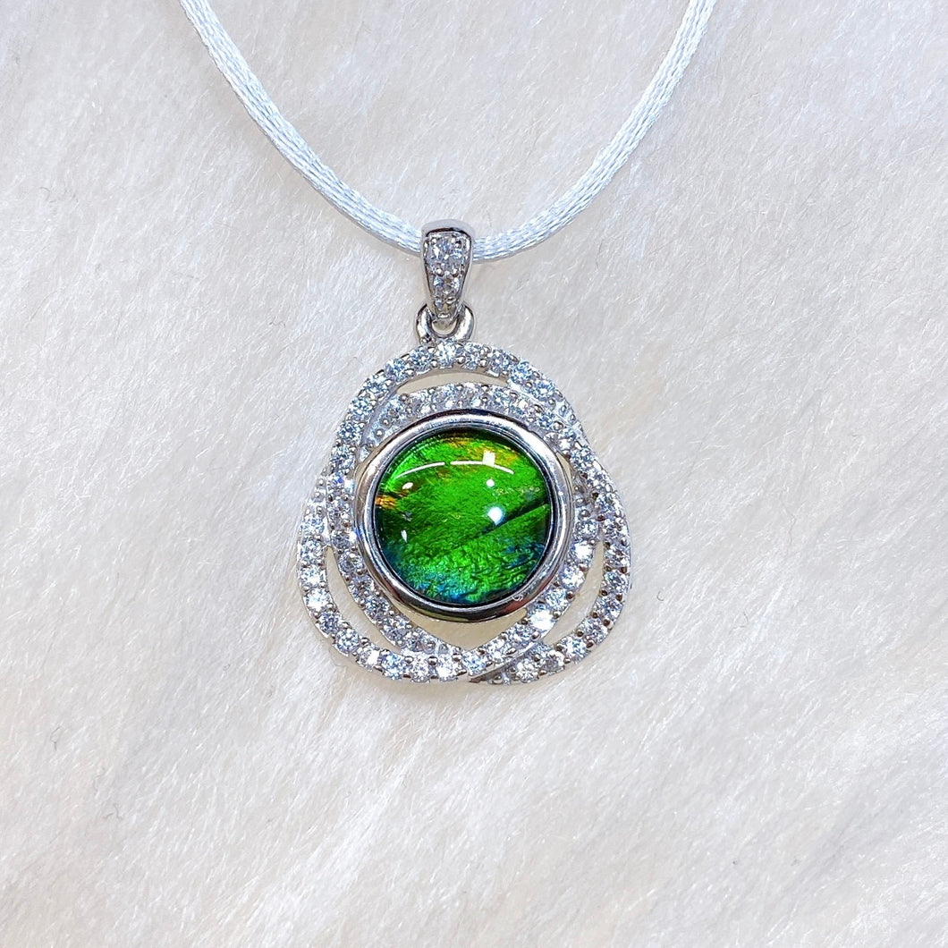 Sterling Silver Round Ammolite Pendant with Swarovski Crystal