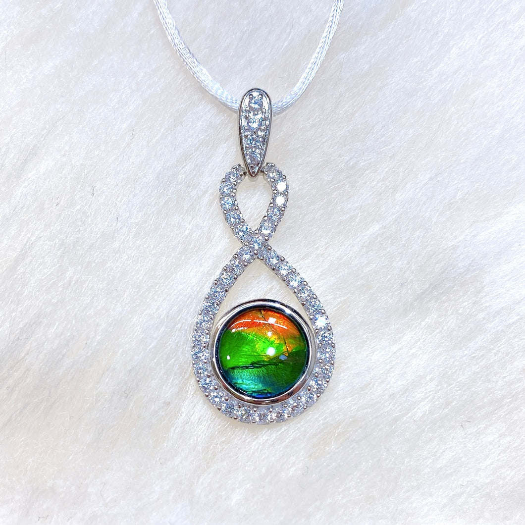 Sterling Silver Round Ammolite Pendant with Swarovski Crystal