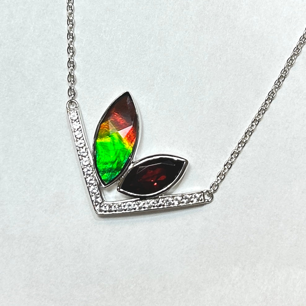 Ammolite Pendant Sterling Silver RABBIT Pendant with Garnet and Topaz