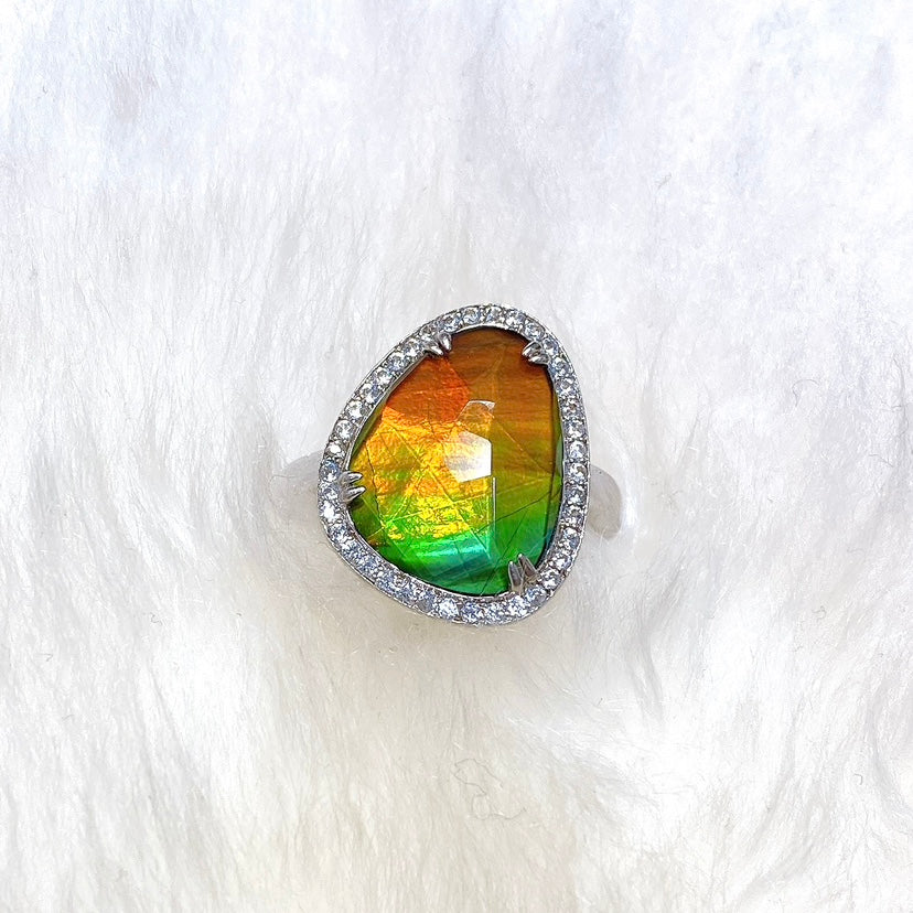 Ammolite Ring Sterling Silver FREEDOM Ring with Swarovski Crystal