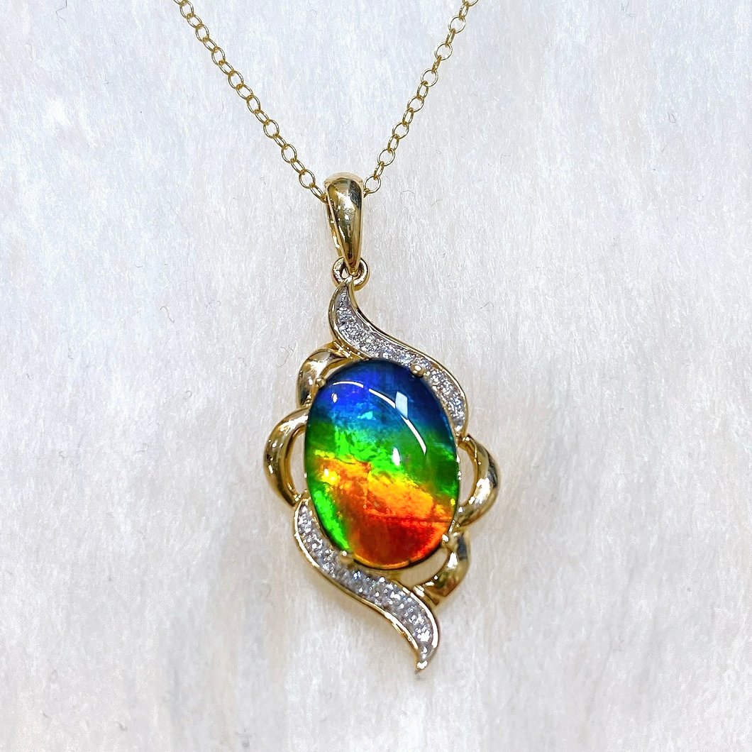 KORITE 14K Gold AA Ammolite Pendant with Diamond